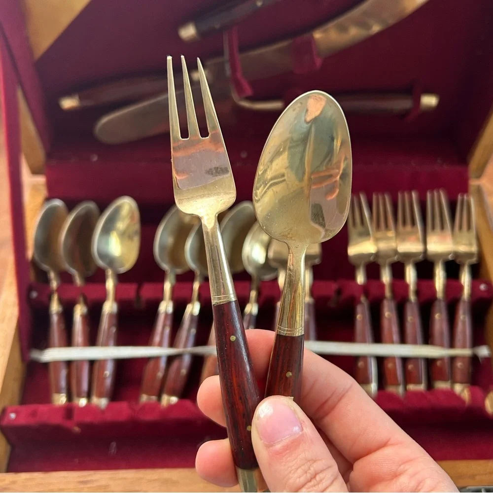 Vintage Bronze Rosewood Flatware Set - Thai Siam Bronzeware - Wood Box